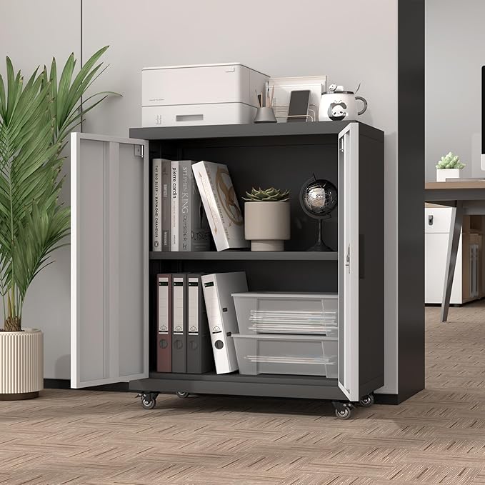 31.5''H Metal Storage Cabinet with Wheels, Garage Tool Storage Cabinets with Lock, Lockable Steel Rolling Tool Chest with Doors & Adjustable Shelves for Garage, Home, Office