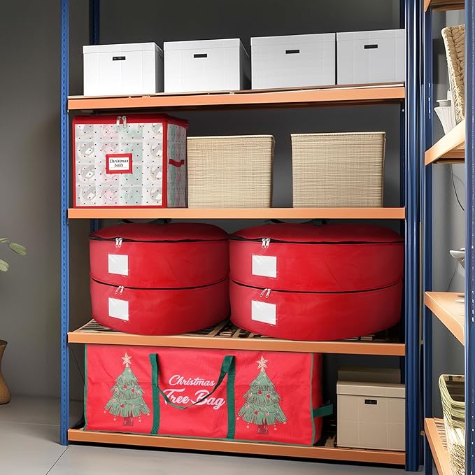 Wreath Storage Container, 2 Park Stacking Christmas Wreath Storage Bags with Dual Zipper and Handles, Dust, Pest Protection,Holiday Wreaths Storage Holder 30” (RED)