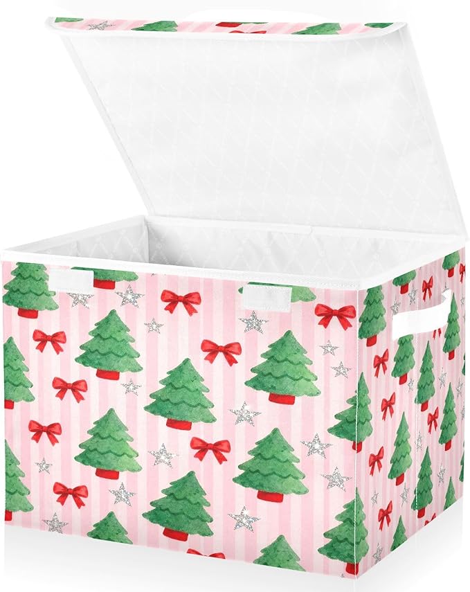 Christmas Tree Bows Stars Storage Bins with Lids Foldable Storage Basket with Handles Collapsible Large Fabric Organizer Containers for Clothes Shelves Closet Office Home
