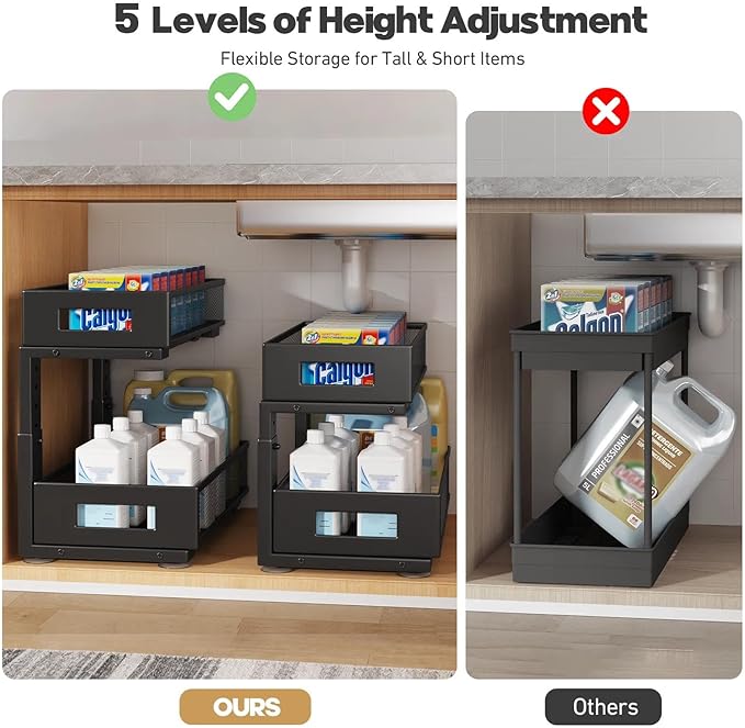 1 Pack 17IN Depth Under Sink Organizer, 2-Tier Pull Out Cabinet Organizer With Smooth Circular Rail, Large Capacity Metal Mesh Sliding Drawers For Bathroom& Kitchen Storage,Height Adjustable –Black