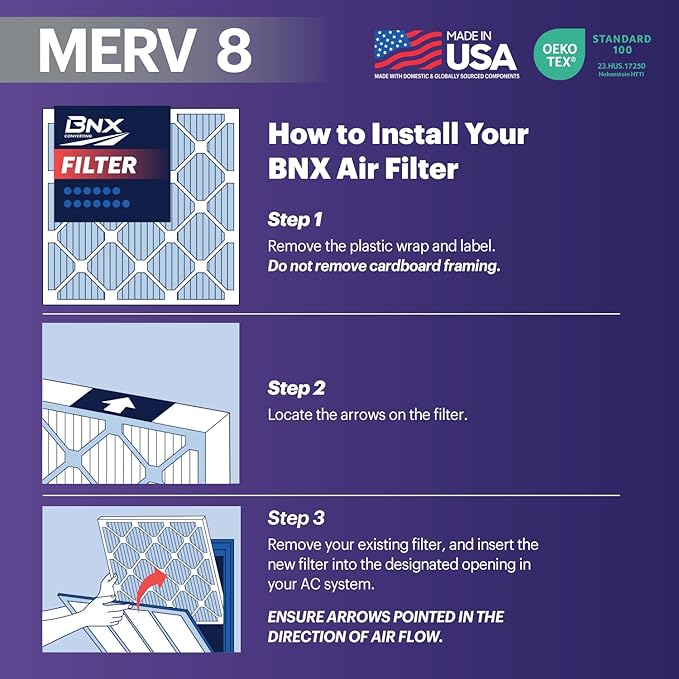 BNX TruFilter 14x20x1 Air Filter MERV 8 (12-Pack) - MADE IN USA – Dust & Pet Defense Electrostatic Pleated Air Conditioner HVAC AC Furnace Filters for Dust, Pet, Mold, Pollen MPR 600 – 700 & FPR 5