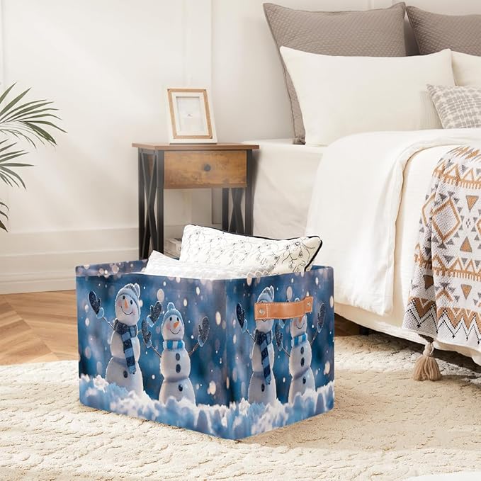 Storage Baskets Bin, Christmas Winter Snowman Collapsible Canvas Fabric Storage Bin Decorative Baskets Toy Organizer Rectangle Storage Boxes with Handles for Home Shelves Nursery, J-021
