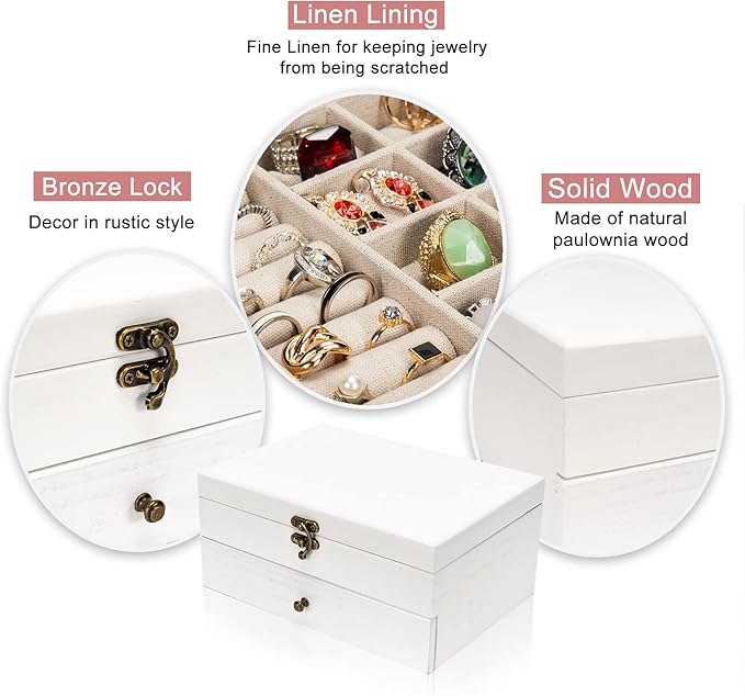 Pinzoveco Jewelry Box for Women, Rustic Wooden Jewelry Organizer Box for Storage Earrings Rings Necklace Bracelet, Farmhouse Style Wood Jewelry Boxes & Organizers (White)
