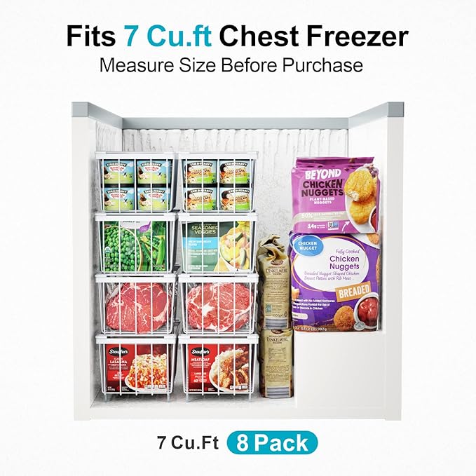iSPECLE Chest Freezer Organizer Bins - Fits 7 Cu.Ft Deep Freezer, 3 Pack Stackable Wire Baskets(14.7" Length), Heavy Duty Coated Freezer Organizer, Rust Resistant for Frozen Food Sorting, White