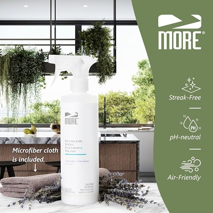 MORE - Stainless Steel Cleaner & Polish Spray + Microfiber Cloth - Stainless Steel Cleaner for Appliances, Sink, Fridge & Grill - Water-Based Streak-Free Formula - Lavender Essential Oil Scent 16 oz