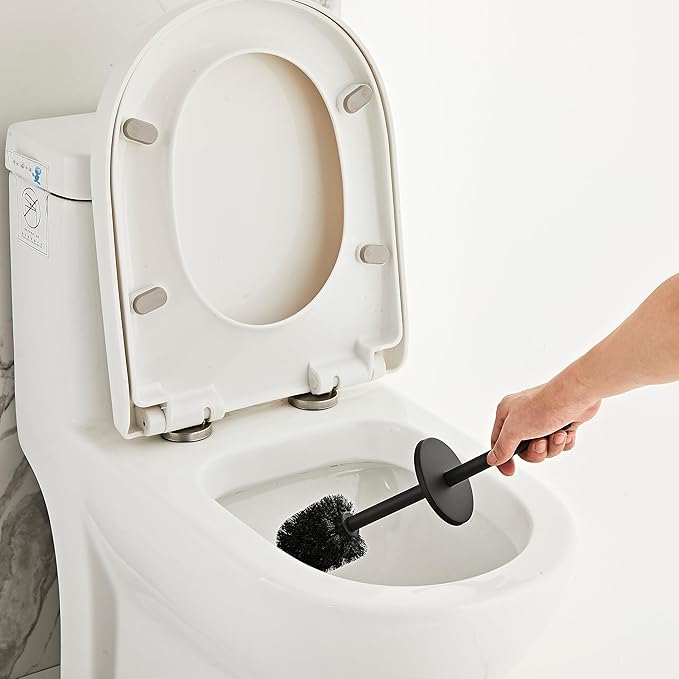Matte Black Toilet Brush and Holder Set - Stainless Steel Toilet Bowl Scrubber with Replaceable Head & Splash Guard