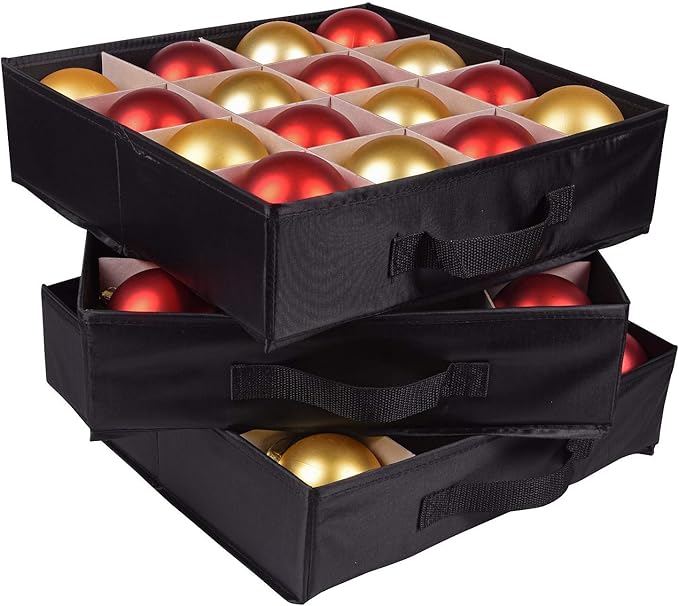 ProPik Christmas Ornament Storage Box, Organizer Holds Up to 48 Xmas Balls with 3 Separate Removable Trays, Container has Dividers to Organize Holiday Tree Ornaments (Green)