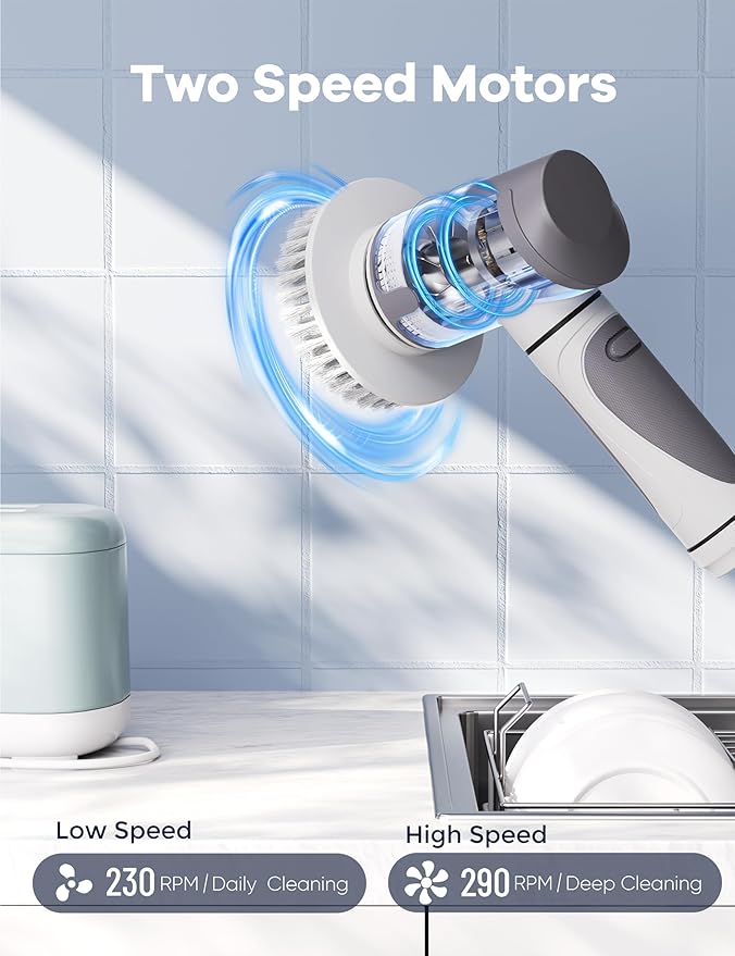 Wildley Electric Spin Scrubber,Power Scrubber Dual Speeds Cordless Shower Scrub Brush with Handle,Cleaning Brush with IPX7 Waterproof,8 Brush Heads for Kitchen,Tile,Tub (Short Purple)