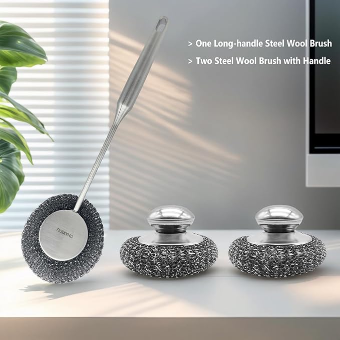 CHAXIDU Stainless Steel Wool Scrubber Set, Long Handle & Handle Brushes,Metal Brush for Pots, Pans, Grills & Cutlery Cleaning (3 Pack)