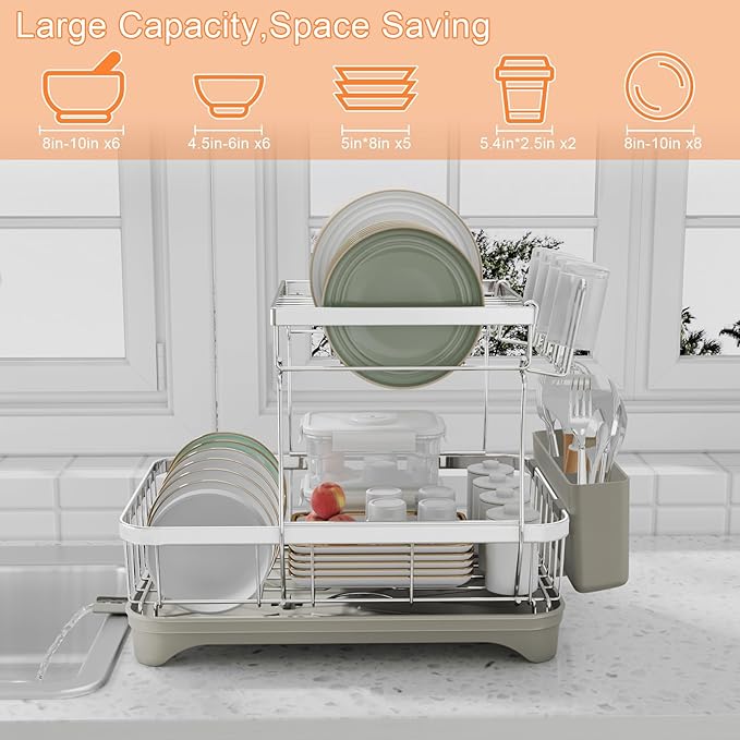 HOMEBOSILY Dish Drying Rack, 2 -Tier 304 Stainless Steel Adjustable Spout Auto-Draining Dish Rack, Space Saving Dish Drainer with Drainboard and Utensil Holder for Kitchen Counter Grey