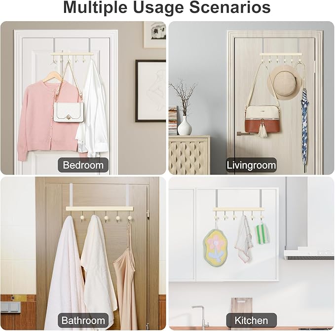 TOPIA HANGER Over The Door Hooks for Hanging, Towel Hooks Towel Racks for Bathroom, Coat Hooks Coat Rack Over The Door Organizer Hanging, Wooden Door Hangers for Coat Towel Hat Purse CT72W - 2 Pack