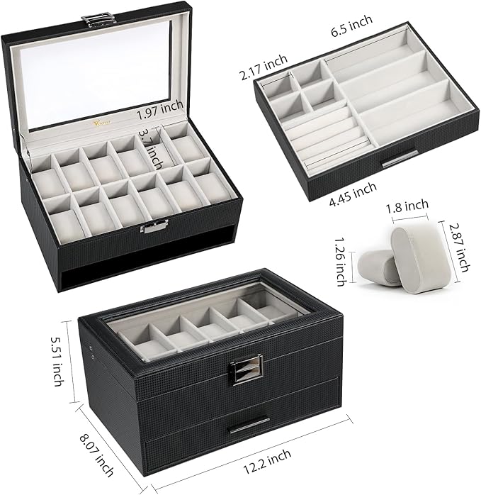 Voova Jewelry Box Watch Boxes Organizer for Men Women, 2 Layer Large 12 Slot PU Leather Watch Storage Case, Glass Top Jewelry Display Holder for Watches Sunglasses Rings Necklaces Bracelets,Black+Grey