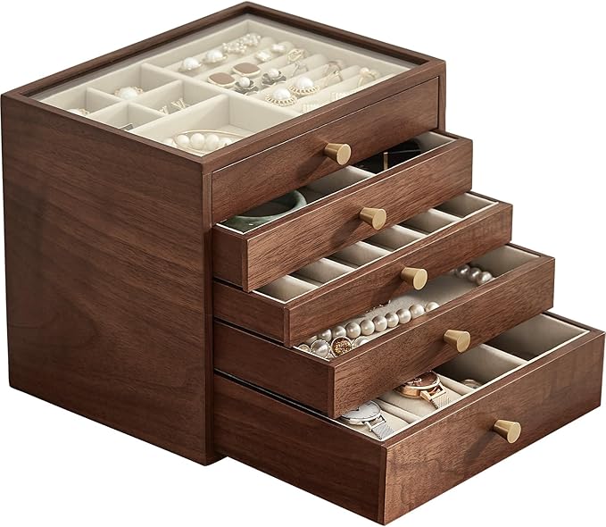 Homruilink Black Walnut Wooden Jewelry Box Women large 5 Layer Drawer Wood Organizer Box with Glass Lid for Necklaces, Watch, Necklace, Ring, Earring Storage - Valentine's Day Gifts