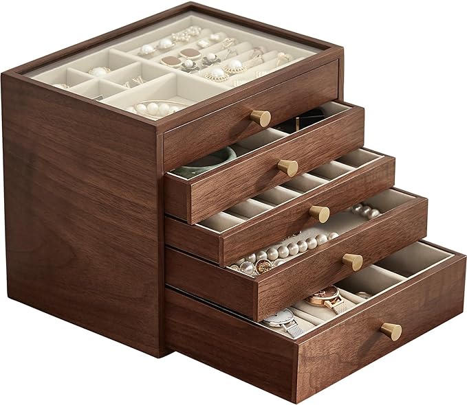 CHOSIN Black Walnut Wooden Jewelry Box Women large 5 Level Drawer Organizer Box with Glass Lid for Necklaces Watch Necklace Ring Earring Storage Valentine's Day Gifts