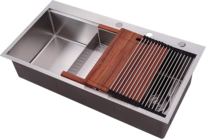 42” x 22” Workstation Topmount/Drop-in Stainless Steel Sink, 16-Gauge Bowl w/Integrated Ledge, 15mm Radius, Accessories Includes Bottom Grid, Dish Rack, Colander, Strainer & Cutting Board