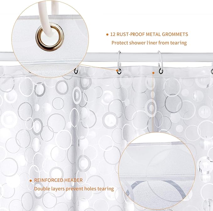 WELTRXE EVA 8G Bathroom Shower Curtain Liner, 72x72 Inch 3D Frosted Bubble Heavy Duty Waterproof Shower Curtain Liner with Magnets Thick Plastic Shower Curtains, 12 Hooks
