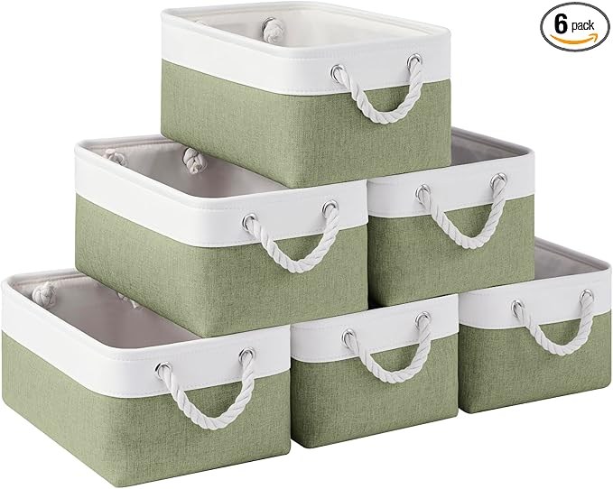 Storage Baskets for Shelves 13.8x9.8x6.7 Inch, Foldable Fabric Storage Bins with Handles, Small Storage Baskets for Organizing Closet, Office, Home Organization (6-Pack, White&Green)