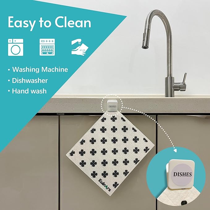 Eulnars Reusable Paper Towels, 8-Pack Swedish Dishcloths for Kitchen with 3 Clips, Black White, Cotton, 200 Washes