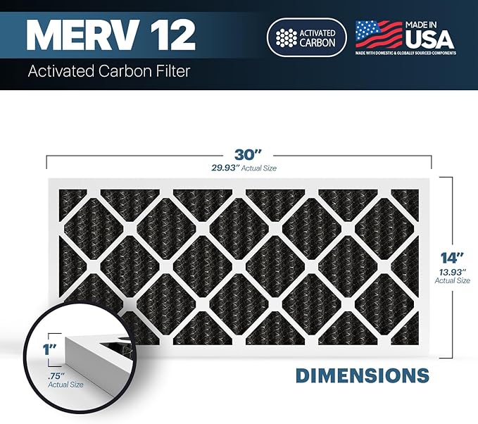 BNX TruFilter 14x30x1 MERV 12 Odor Defense (4-Pack) AC Furnace Air Filter with Activated Carbon - MADE IN USA - Pleated Air Conditioner HVAC AC Furnace Filters - Removes Odor, Mold, Bacteria, Smoke