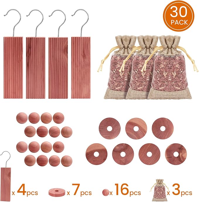 Homode Cedar Blocks for Clothes Storage, Set of 30, Cedar Chips for Closets and Drawers, Aromatic Cedar Wood Balls and Cedar Sachets, Cedar Closet Freshener