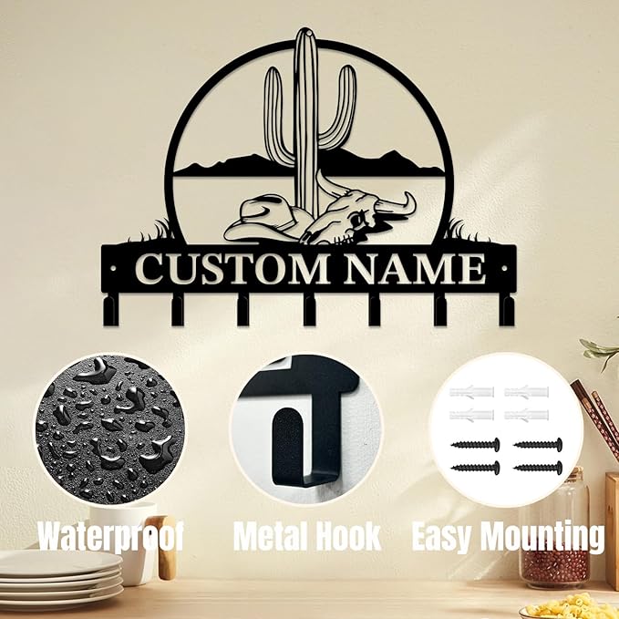 Personalized Custom Name Cactus Wall Keys Hooks,Metal Cactus Art Clothes Hooks,Metal Cactus Lover Wall Home Storage Decorative,For Front Door, Hallway, Kitchen, Bedroom,Keys,Hats (Style I)