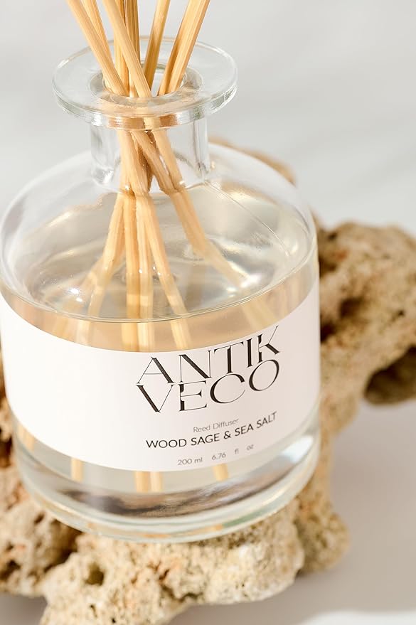 Wood Sage & Sea Salt Reed Diffuser Set – Oceanic Aromatherapy for Home – Glass Bottle 6.7fl oz + 8 Rattan Reeds – Calming Coastal Scent with Lavender & Sage – Long-Lasting (Up to 90Days)