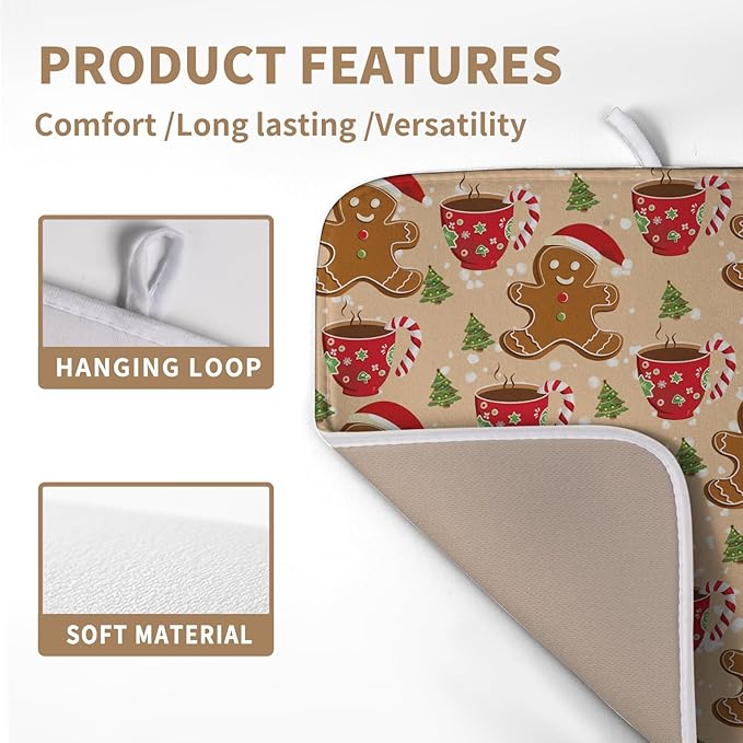 Christmas Gingerbread Man Dish Drying Mat for Kitchen Counter 16x18 Inch Winter Cute Candy Cane Hot Cocoa Xmas Tree Microfiber Drying Mats Orange Super Absorbent Dish Drainer Mats Washable Dish Pad