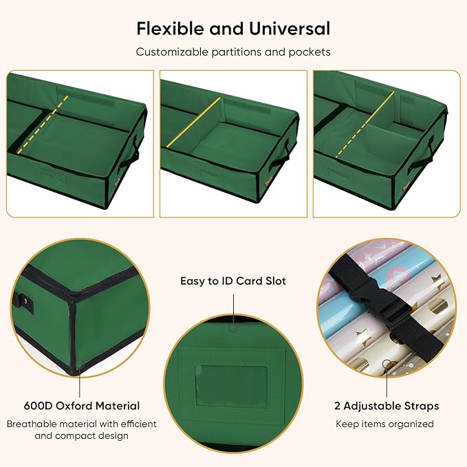 BALEINE Wrapping Paper Storage Organizer, 40" Durable 600D Oxford Fabric Gift Wrap Storage Bag with Flexible Partitions for Ribbon, Holiday Accessories (Green)