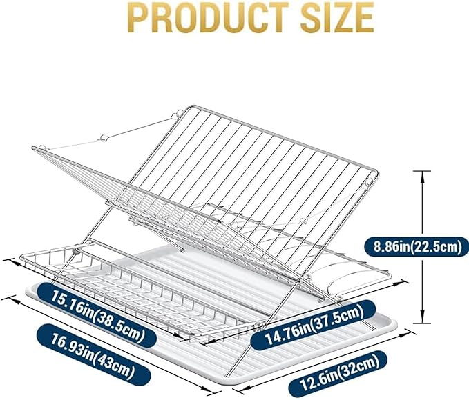 TABABAO Over The Sink Dish Drying Rack, Collapsible 3 Tier Dish Racks for Kitchen Counter, Large Capacity Stainless Steel Dish Drainer with Utensil Holder and Drainboard (Upgraded)