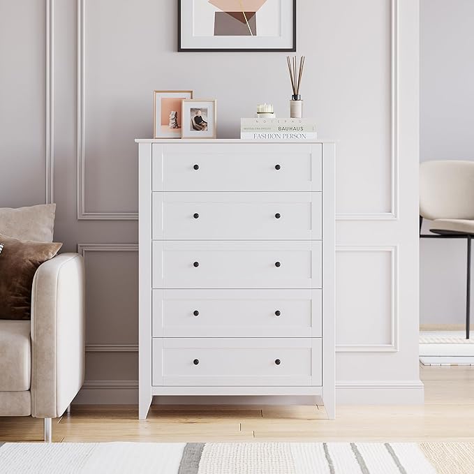 Modern 5 Drawers Dresser for Bedroom, Tall Wood Chest of Drawers for Clothes, Big Storage Dressers Organizer with Gold Handles & Deep Drawers, Living Room, Closet, Hallway, White