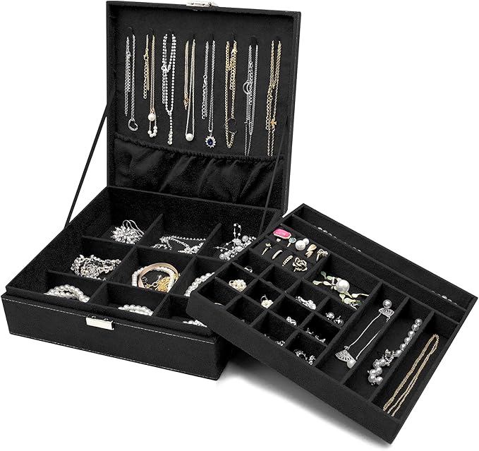 ProCase Velvet Jewelry Box Organizer for Women Father's Day, 2 Layer Jewelry Display Storage Holder Case for Necklace Earrings Bracelets Rings -Black