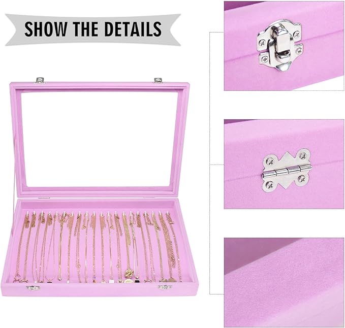 Necklace Organizer Box Premium 20 Hooks Velvet Necklace Display Jewelry Tray with Transparent Lid Jewelry Necklace Display Box for Necklace Pendants Suitable for Women and Girls (Pink)