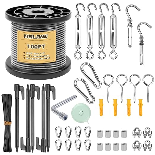 MSLANE 1/8" Black Wire Rope Kit 100FT 304 Stainless Steel Vinyl Coated with M5 Turnbuckles, 7x7 Strand Core Aircraft Cable for String Light, Picture Hanging, Clothesline, Curtain, and Plant Trellis