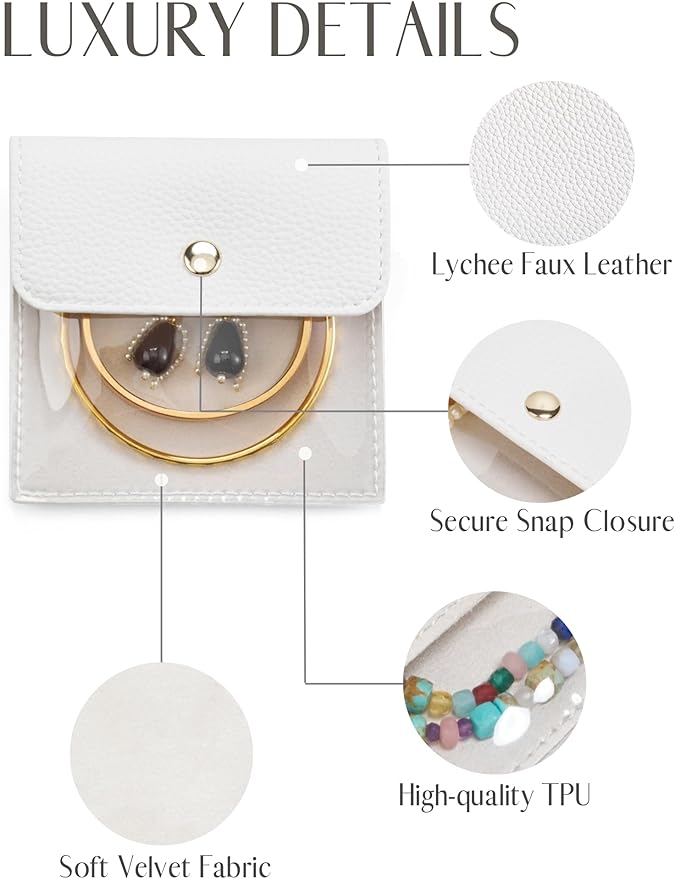 Popvibe 6 Pcs Mini Pouch Small Jewelry Bags Travel Clear Jewelry Storage Bag, Leather Jewelry Pouches for Traveling Velvet Transparent Jewelry Bags for Women, white