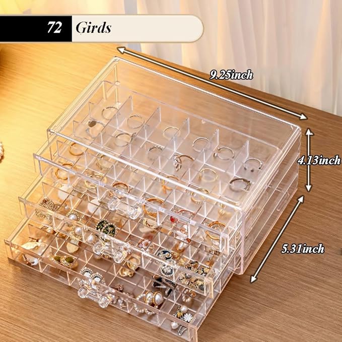Earring Organizer Box Acrylic Stackable Jewelry Organizer with 3 Drawers 72 Small Compartments Clear Jewelry Display Stand for Stud Earring Ring Pin Display (Transparent)