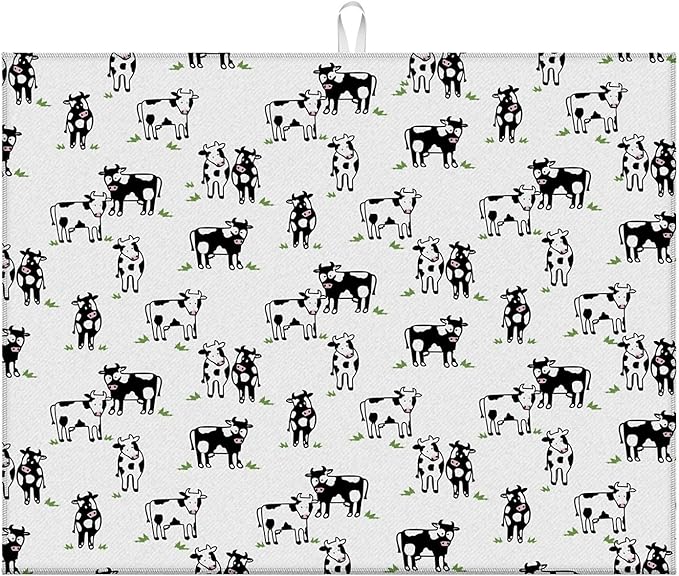 Dish Drying Mat For Kitchen Counter, Cute Cows Microfiber Absorbent Dish Drainer Rack Pad Reusable Large 18x24in Drying Mat