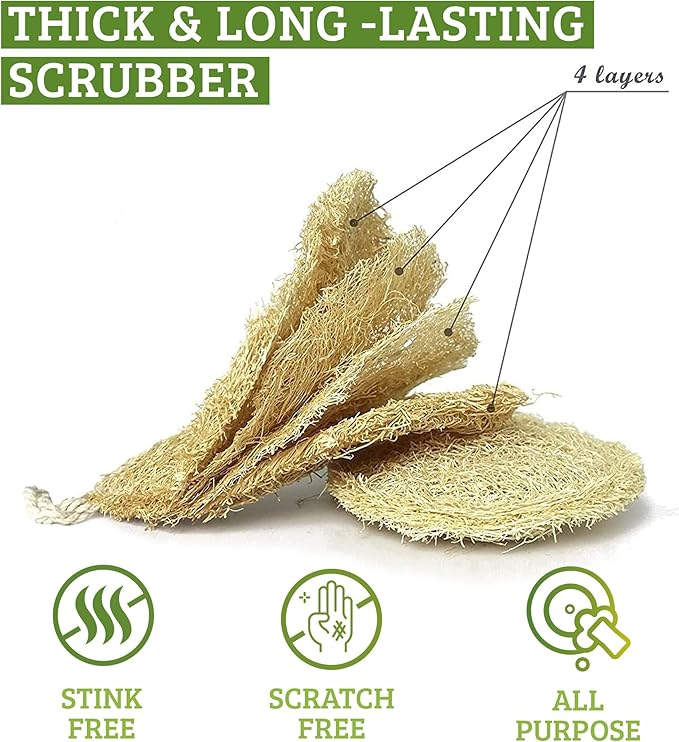 Miw Piw Natural Loofah Dish Sponge Pack 3 Vegetable Scrubber for Kitchen -100% Biodegradable Compostable Dishwashing Scouring Pad Zero Waste Plastic Free Eco Friendly Sustainable
