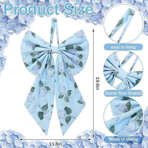 2 Pcs Spring Hydrangeas Wreath Bows 19.6'' x 11.8'' Large Tree Topper Blue Ornament Rustic Burlap Wreath Sash for Front Door Spring Party Yard Doorway Indoor Outdoor Wall Decor