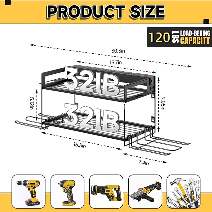 Power Tool Organizer Wall Mount, 2 Layers Heavy Duty 4 Cordless Drill Holder Tool Storage Rack with 8 Power Strip Battery Charging Station,Pliers Screwdrivers Organizer for Garage, Workshop,Tool Room