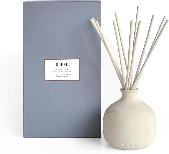 Blueme Spiritual Diffuser | Palo Santo & Vetiver | 16.91 Fl Oz - Refillable Wellness Diffuser, Contains Essential Oil, Sustainable, Hand Finished, Premium, Luxury Ceramic, Natural Rattan Reeds | Large