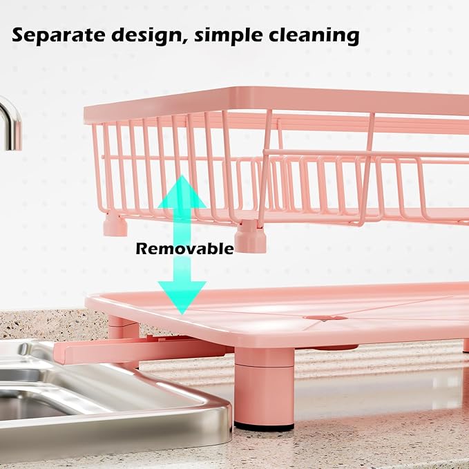 BULIJUJU Small Dish Drying Rack, Space Saving Dish Racks for Kitchen Counter, Kitchen Organizer Dish Drainer with Cutlery Holder for Spoons and Forks, 11''W x 15''L, Pink