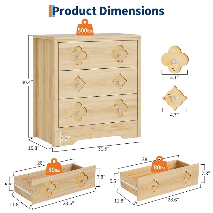 Garvee Dresser for Bedroom, Chest of Dressers 30.4" Tall Dresser for Closet with 3 Decorative Drawer Front Chest with Clothes Storage Cabinet, Drawer Organizer for Bedroom, Living Room, Closet