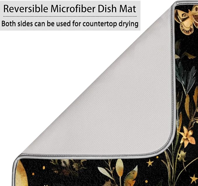 Hexteria Mushrooms and Butterflies Dish Drying Mat for Kitchen Counter Microfiber Absorbent Dish Draining Reusable Washable Foldable Large 16"x18"