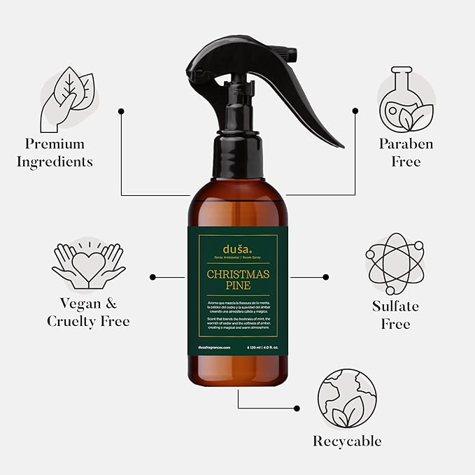 Dusa Christmas Room Spray Linen Spray - 4 oz - Natural Air Freshener & Linen Mist for Home - Ultimate Home Fragrance, Bed Room Essentials & Soothing Fabric -Eco-Friendly Odor Eliminator w/Aromatherapy