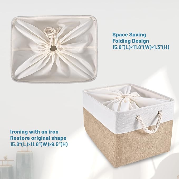 HOdo Home Storage Bins, Fabric Bin with Drawstring Closure and 2 Bold Handles, Collapsible Large Canvas Baskets for Organizing Shelf Nursery Home Closet (15.8×11.8×9.5 In/4-Pack, White and Yellow)