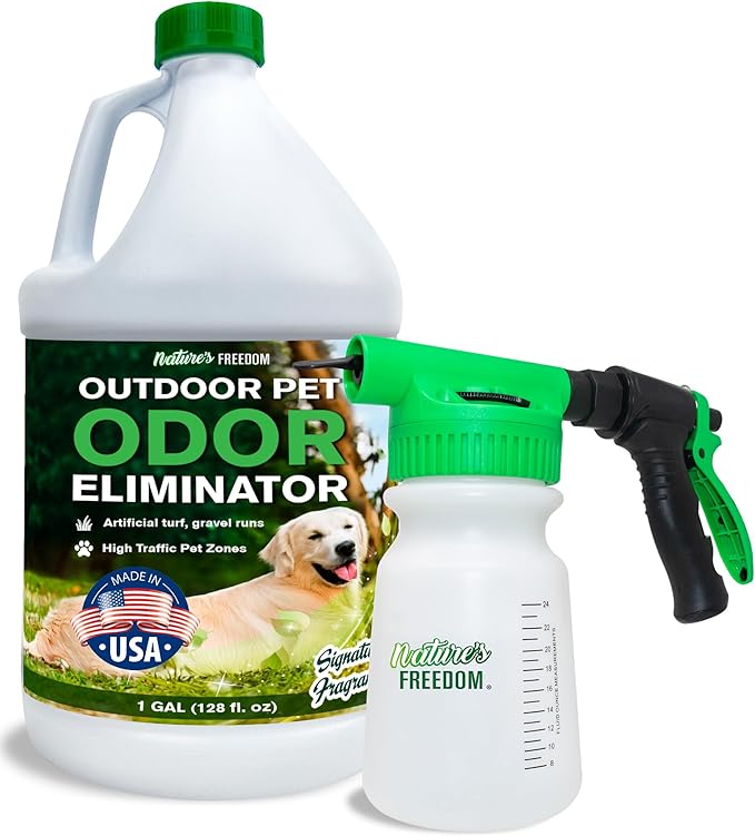 Nature's Freedom Hose-End Outdoor Pet Odor Eliminator – Gallon Enzyme Cleaner with Spray Gun for Yard, Turf, Patios, Kennels, Concrete