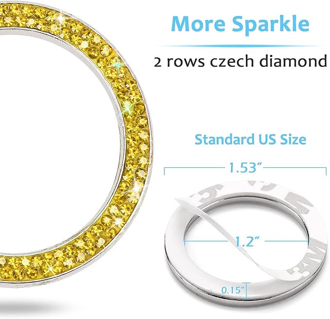 ToBeQueen Bling Car Crystal Rhinestone Ring Emblem Sticker, Car Interior Decoration, Bling Car Accessories for Women, Push to Start Button, Key Ignition Starter & Knob Ring Yellow