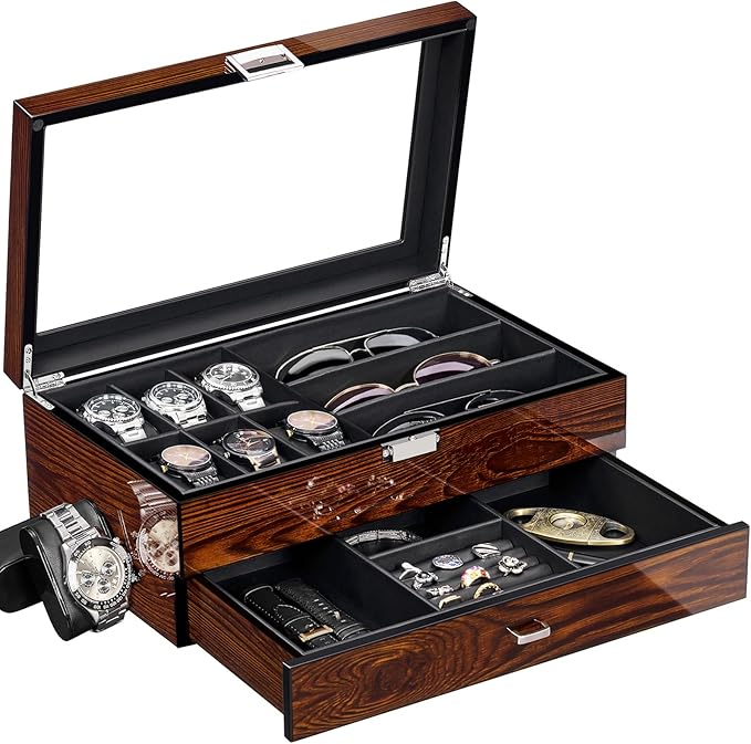 BEWISHOME Men’s Jewelry Box Organizer with Watch Box, 6-Slot Watch Box & Sunglasses Organizer with Drawer, PU Leather Interior, Solid Wooden Watch Case Display with Large Clear Glass Lid, Gift Idea