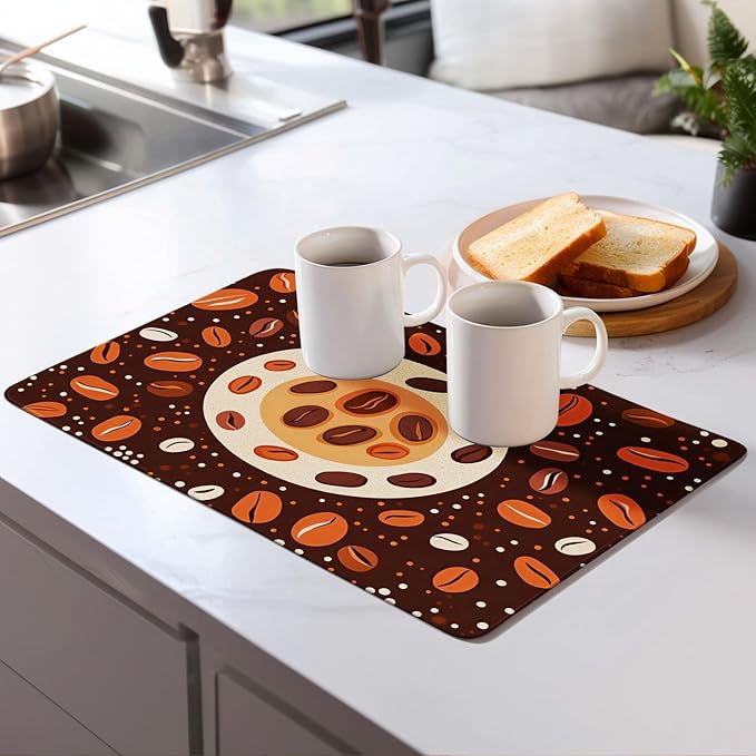 Coffee Beans Dish Drying Mat for Kitchen Counter Microfiber Super Absorbent Non-Slip Dish Drying Pad for Countertops Dishes Utensils Stylish Quick-Dry Machine Washable 18x24 Inch