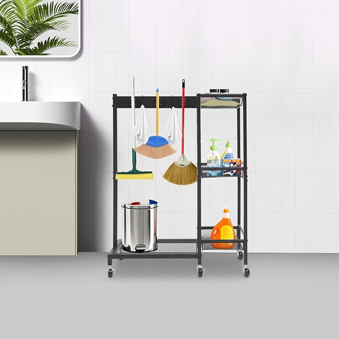 Cleaning Tool Rack, Broom Closet Storage Cabinet with Wheels, Cleaning Cart with Mop Hanger Gripper Rack Hooks, Cleaning Cart with 3-Tier Shelves for Laundry Room, Kitchen, Garage